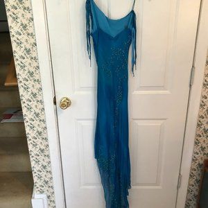 Light As Air Teal Spaghetti Strap Gown with Beading and Train